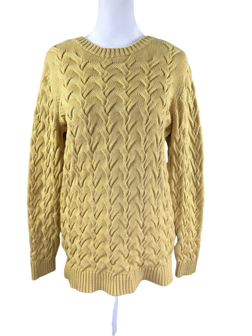 Lands End Women's M 10-12 Drifter Sweater Mustard Yellow Cable Knit 100% Cotton